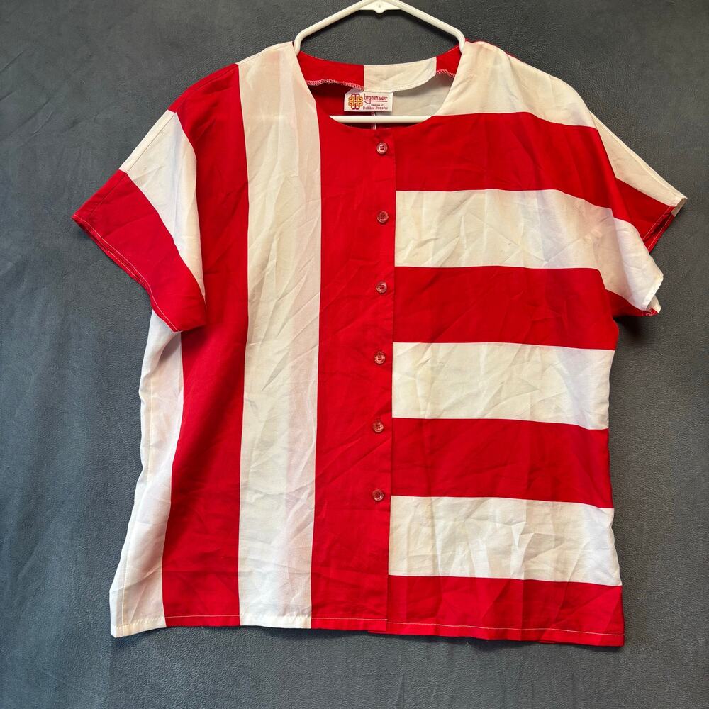 Bryn Mawr Red White Stripe Button Front Top Dolman Sleeve Blouse Vintage Office